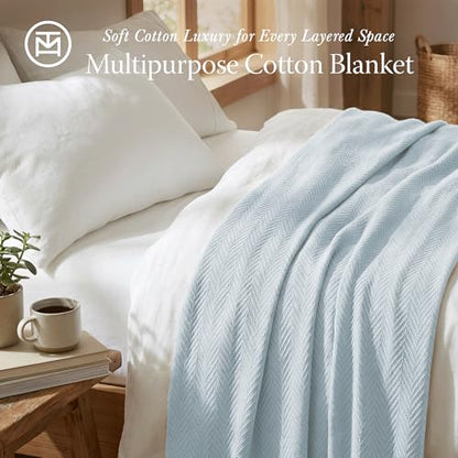 Threadmill Luxury 100% Cotton Twin Herringbone Blanket, Light Blue - color: Light Blue, size: Twin (68" x 92")