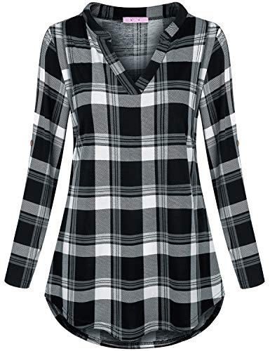 Joymom Maternity Rolled Long Sleeve Nursing Tops Tunic Blouses Breastfeeding - color: 1-4 Black White Plaid, size: Medium