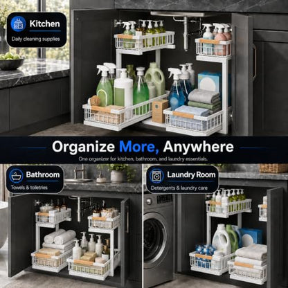 Under Sink Organizer 2 Pack, Double Slide Out Metal Shelf, White - color: White