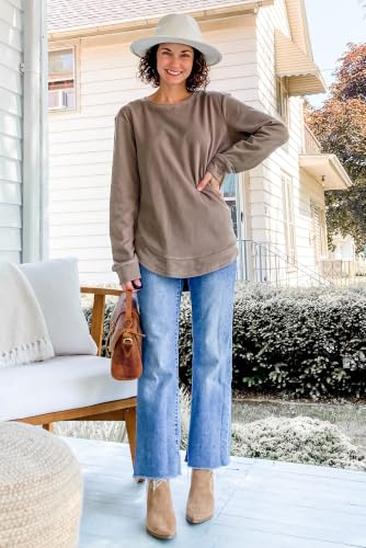 OFEEFAN Womens Sweatshirt Crewneck Long Sleeve Shirts High Low Tops Curved Hem - color: A-coffee, size: Medium