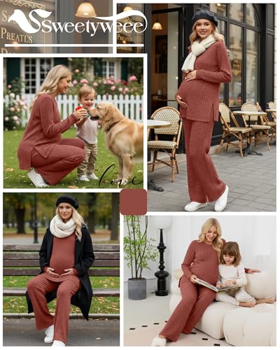 Women's 2 Piece Maternity Ribbed Pajama Outfit - color: Caramel, size: Small
