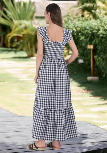 chouyatou Women's Retro Plaid Smocked Dress Spaghetti Strap Flounce Long Dress - color: Black, size: Medium