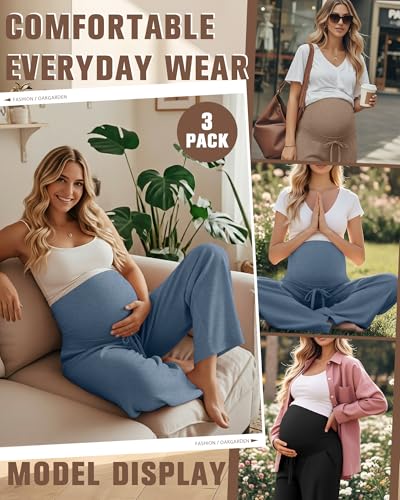 Oakgarden 3 Pack Women's Maternity Pants Over Belly - color: Black, Mocha, Haze Blue, size: Medium