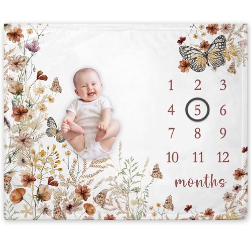 Wilfflower Girl Milestone Blanket, Floral Baby Growth Chart Monthly Blanket - color: Wildflower