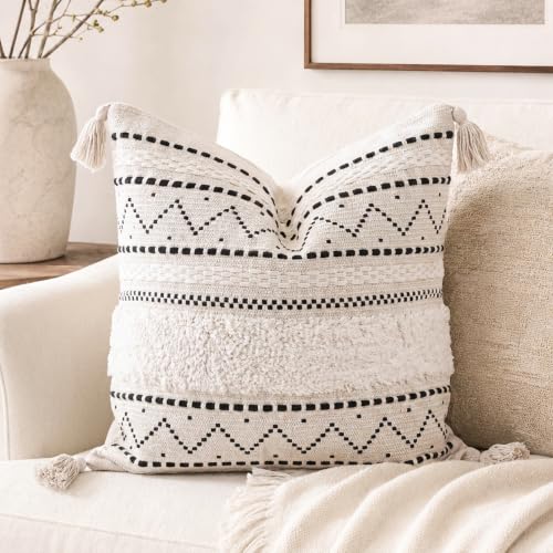 BlissBlush 20X20 Throw Pillow Cover, Cream Neutral Square Decorative Cushion Cover with Black Pattern, Boho Accent Pillowcase with Tufted Details and Tassels for Couch Sofa Living Room (Cover Only) - color: Black, size: 20" x 20" (Pack of 1)