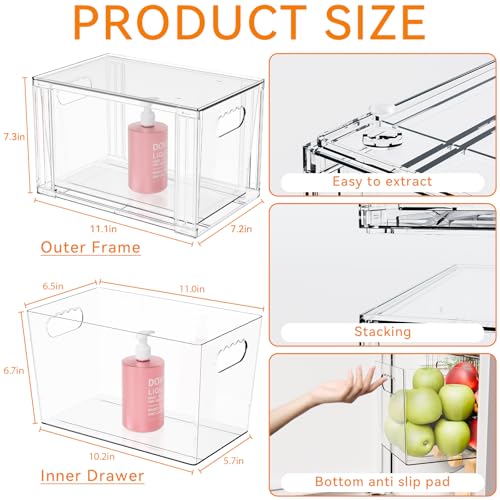 Yieach 2 Pack Large Stackable Storage Drawers,11″Deep Under Cabinet Organizer,Baby Bottle Organizer,Clear Stacking Pull Out Drawer,Acrylic Storage Containers Bins for Organizing Snack,Medicine,Makeup