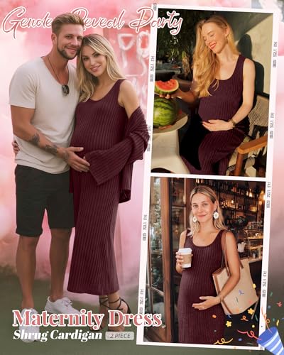Maternity Dress Set 2 Piece for Baby Shower Party - color: Burgundy, size: Large