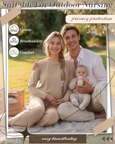 2 Pack Maternity Nursing Pajamas Postpartum Sets - color: Khaki, Coffee, size: Large