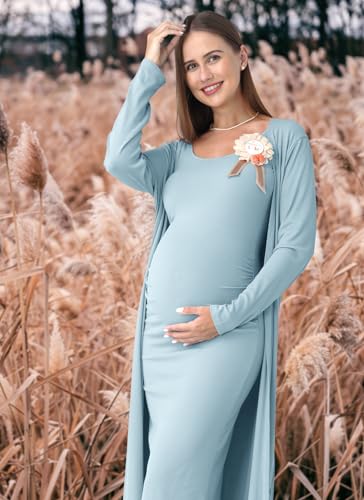 Rnxrbb 2 PCS Summer Fall Maternity Dresses Long Cardigan Set for Women - color: Light Blue, size: Small