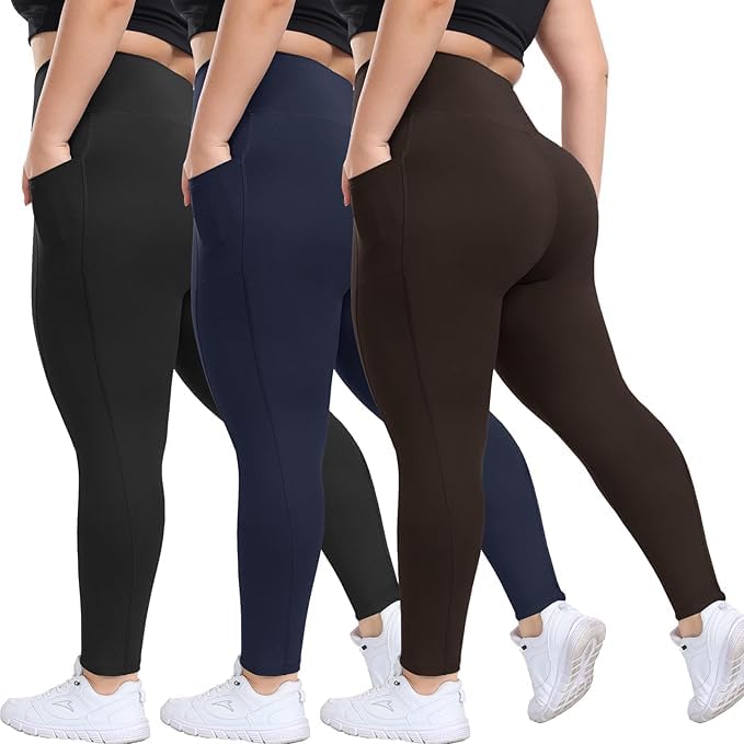 HLTPRO 3 Pack Plus Size Leggings with Pockets for Women - Soft High Waisted - color: Black/ Navy Blue/ Brown, size: Small-Medium