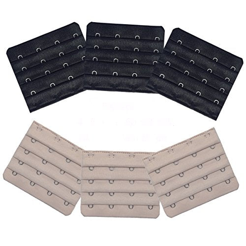 Ultra Soft Bra Extender Band Breathing Room 4 Rows Hook & Eye Extension Strap - color: 4 Hooks (6pcs/Pack, Black & Dark Beige)