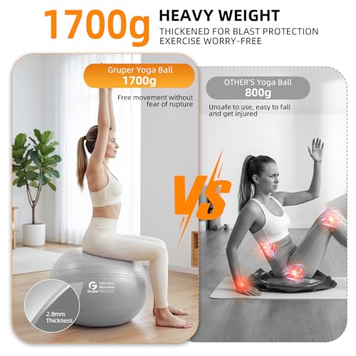 Gruper Yoga Ball, Extra Thick Non Slip Exercise Ball, 4 Sizes - color: ['Grey'], size: 22 Inch (55cm),m