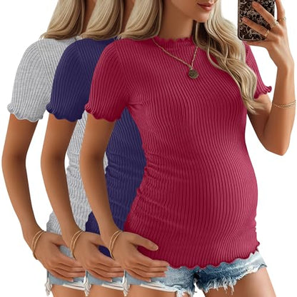 3 Pack Women's Ribbed Maternity Tops - color: Bordeaux Red, Navy Blue, Light Gray, size: Small