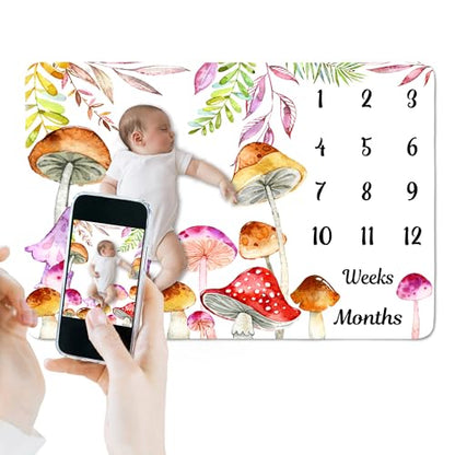 Mushroom Baby Monthly Milestone Blanket Watercolor Tropical, 60x40in - color: Green, size: 60x40in