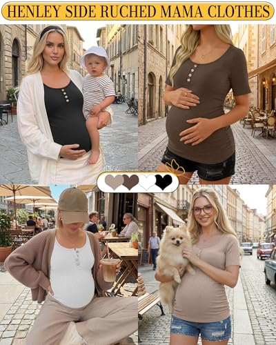 4 Pack Womens Short Sleeve Maternity Shirts - color: Khaki, Coffee, Light Heather Gray, Black, size: Medium
