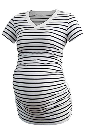 Smallshow Women's V Neck Maternity Clothes Tops Side Ruched Pregnancy T Shirt - color: Black-light Grey-white Stripe(3 Pack), size: X-Large