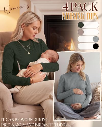 Huukeay 4 Pack Women's Long Sleeve Waffle Nursing Shirts - color: Army Green, Khaki, Light Gray, Black, size: X-Large