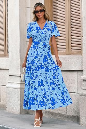 MASCOMODA Womens Summer Swiss Dot Maxi Dresses Wrap Boho Floral Long Dress - color: F-blue, size: Small