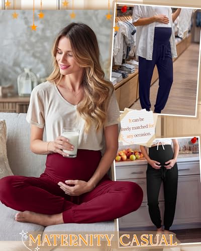 3 Pack Womens Maternity Pants Loose Pregnancy Joggers - color: Wine Red, Navy Blue, Black, size: Large