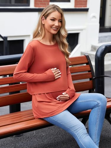 Ecavus Women's 3Pack Maternity Nursing Shirts Long Sleeve Double Layer Breastfeeding Shirts Comfy Pregnancy Clothes - color: Pink+caramel+black, size: Medium