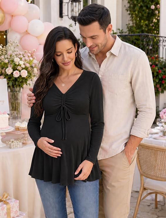 Genhoo Womens Long Sleeve Maternity Tops Ribbed V Neck Maternity Shirts - color: Black, size: Small