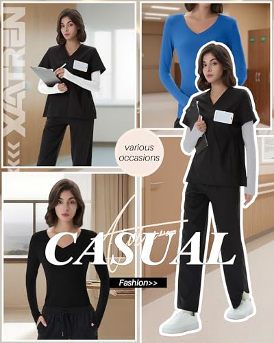 Xaatren 4 Pack Women's Under Scrubs Long Sleeve Shirts - color: Blue, Light Mixed Gray, Black, White, size: Medium