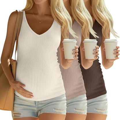 3 Pack Maternity Tank Tops Ribbed V Neck - color: Cream, Khaki, Coffee, size: Small