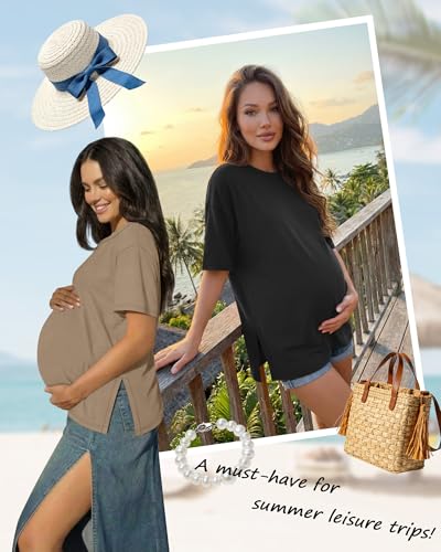Riyiper 4 Pack Women's Short Sleeve Maternity T Shirts - color: Black, Washed White, Khaki, Dusty Purple, size: X-Large