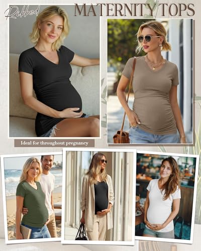 Neer 4 Pack Women's Maternity Shirts Short Sleeve - color: Black, Light Heather Gray, Light Coffee, Army Green, size: Large
