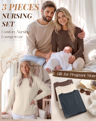 Riyiper 3 Pack Women's Nursing Shirts with Hidden Zippers - color: Charcoal Gray, Cream, Brown, size: XX-Large