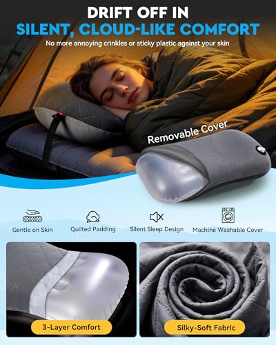 Hikenture Camping Pillow with Removable Cover, Ultralight Inflatable Pillow - color: Grey