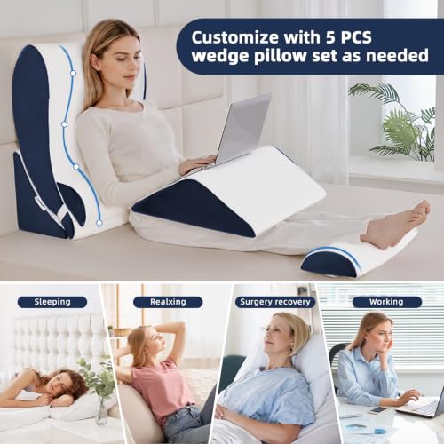 Wedge Pillow Set for After Surgery,White/Navy,5PCS-23.2" - color: White/Navy, size: 5PCS-23.2''