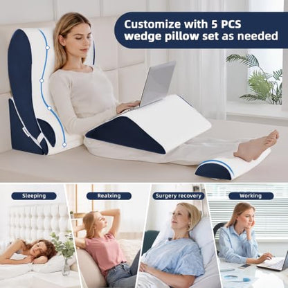 Wedge Pillow Set for After Surgery,White/Navy,5PCS-23.2" - color: White/Navy, size: 5PCS-23.2''