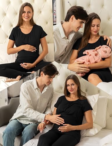SUNNYBUY 3 PCS Maternity Nursing Sleepwear Set with Nightgown, Top & Pants - color: Black, size: Small
