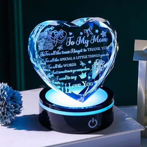 Mom Crystal Heart Keepsake with LED Base, Laser Engraved Love Message Gift - color: Mom Gift
