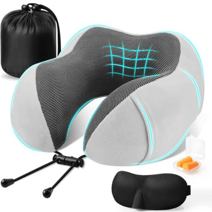 CloudBliss Neck Pillow for Sleeping, Memory Foam Travel Pillow, Light Grey - color: Light Grey