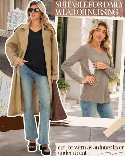 Huukeay 3 Pack Women's Long Sleeve Nursing Breastfeeding Shirts - color: Khaki, White, Black, size: Large