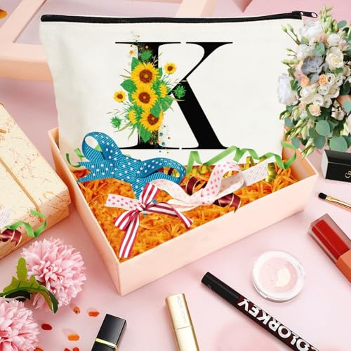 Andeiltech Initial Canvas Tote Bag Sunflower Letter Personalized Makeup Bag Monogrammed Gift for Bridesmaids Birthday Wedding - color: Sunflower Letter_k