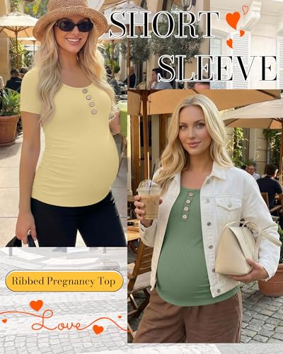 4 Pack Womens Short Sleeve Maternity Shirts - color: Light Yellow, Light Blue, Gray Green, Light Pink, size: Large