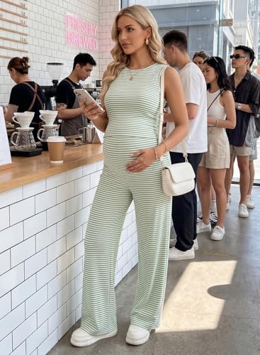 BLENCOT Maternity Clothes Striped Sleeveless Sets Casual 2 Piece Outfits - color: Green Stripe, size: Medium