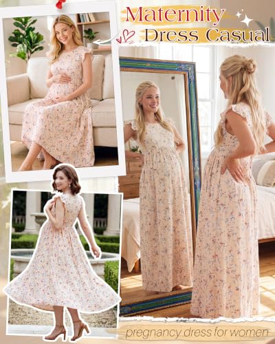 Huukeay Women Maternity Dress Ruffle Sleeve Floral - color: Apricot, size: Medium