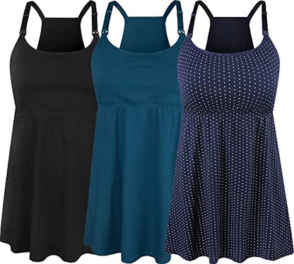 SUIEK 3-Pack Cotton Maternity Nursing Tank Tops Breastfeeding Cami Shirts - color: A-black+navy Dot+atrovirens - Fourth Style, size: Medium