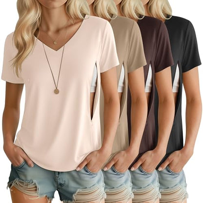 4 Pack Women's Nursing Maternity Shirts - color: Black, Brown, Khaki, Cream, size: XX-Large