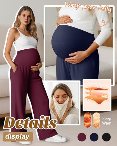 Oakgarden 3 Pack Women's Fleece Maternity Pants - color: Fuchsia, Navy Blue, Black, size: XX-Large