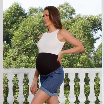 Bhome Maternity Bermuda Denim Jean Shorts Over the Belly Full Panel Casual Pregnancy Short Pants - size: Small