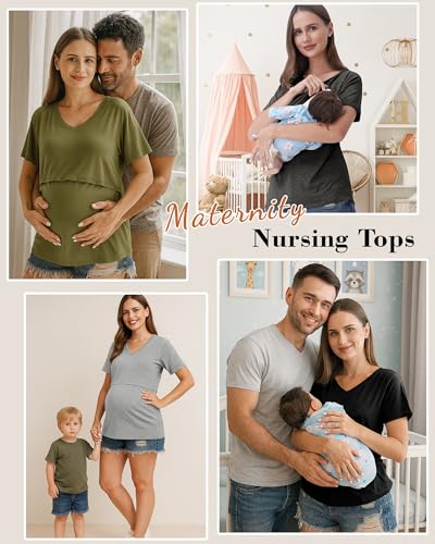 Rnxrbb 4 Pack Nursing Tops for Women Postpartum Breastfeeding Shirts - color: Black&flecking Grey&light Gray&army Green, size: X-Large