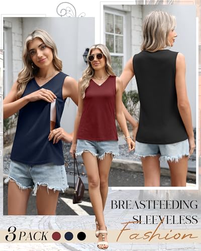 3 Pack Women's Waffle Nursing Tank Tops - color: Black, Navy Blue, Wine Red, size: XX-Large
