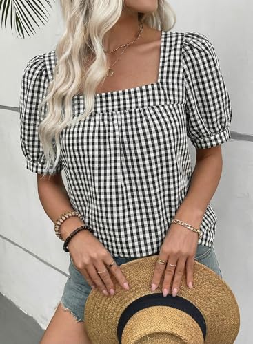 EVALESS Womens Gingham Top Short Sleeve Square Neck Shirts Cotton Blouse - color: B Black, size: Large