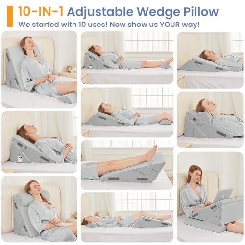 Sasttie Adjustable Wedge Pillow Set for After Surgery, Light Grey - color: Light Grey, size: Adjustable 9&12 Inch + 1 Head Pillow
