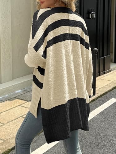 Saodimallsu Womens Oversized Striped Cardigan Fuzzy Knit Fall Sweaters - color: Beige, size: Medium